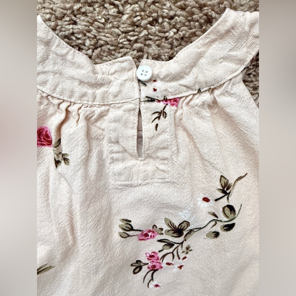 Toddler Floral Dress | Peach/Pink with Pink Roses | Linen Blend | Size 3Y - Picture 2 of 3